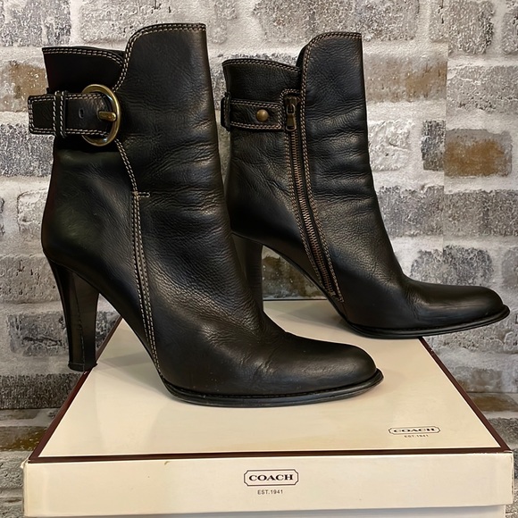 Coach Nancie Soft Calf Black Pebbled Leather Heeled Bootie Made in Italy - Picture 1 of 16